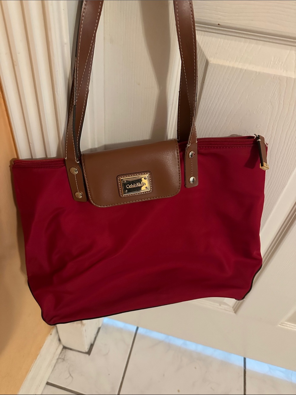 Calvin Klein Crimson Tote with Brown Trim